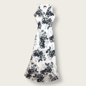 Vintage 90s White & Black Floral Rose Maxi Dress